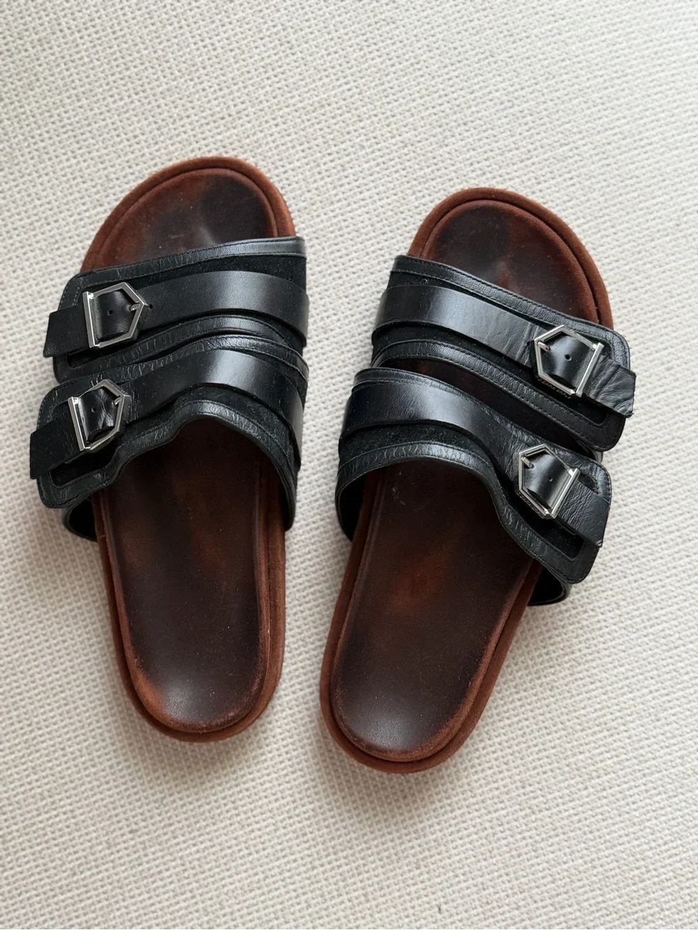 Zara SPLS Black Leather Slide Sandals with Brown Footbed